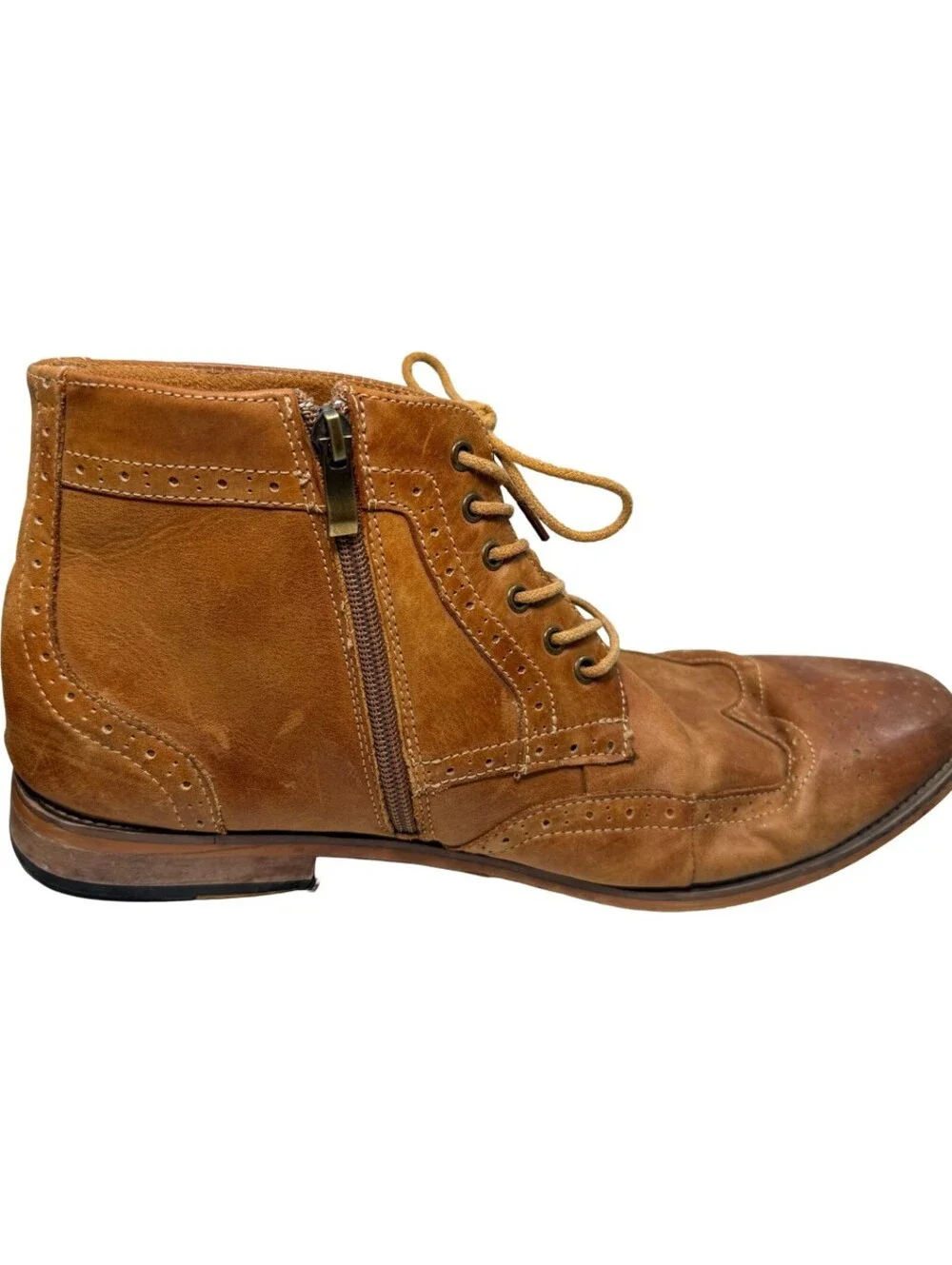 Kunsto Brogue Mens 12 Brown Leather Ankle Zip Boot Cap Toe Wingtip Western Shoe